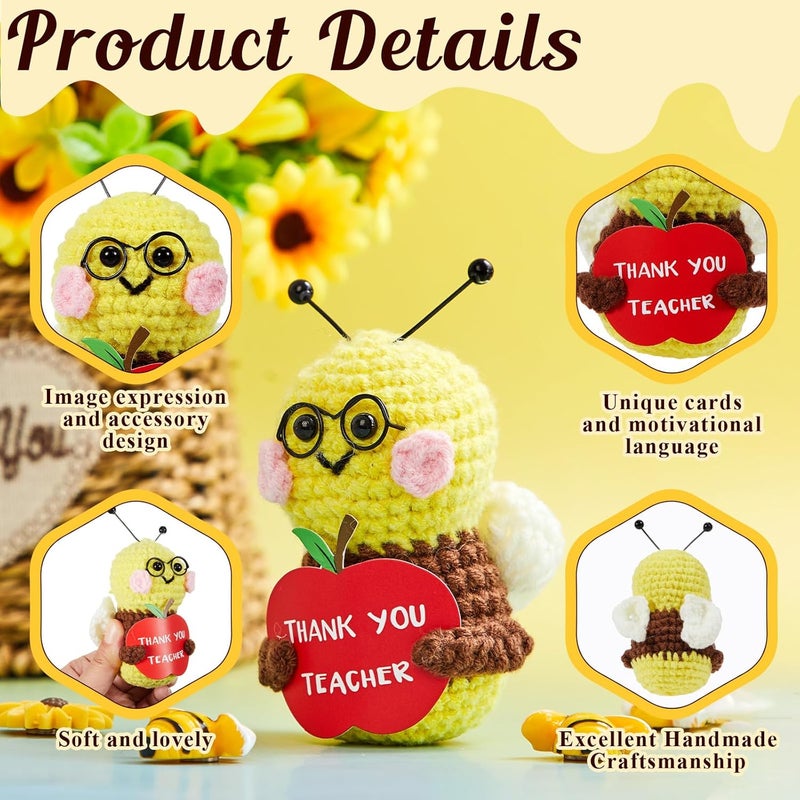 Henoyso 3 Pcs Thank You Teacher Appreciation Gifts, Bee Crochet with Card, Christmas Handmade Crochet for Women Mentor Math Science Dance English Xmas Birthday End of Year Gift Table Ornament - Image 3
